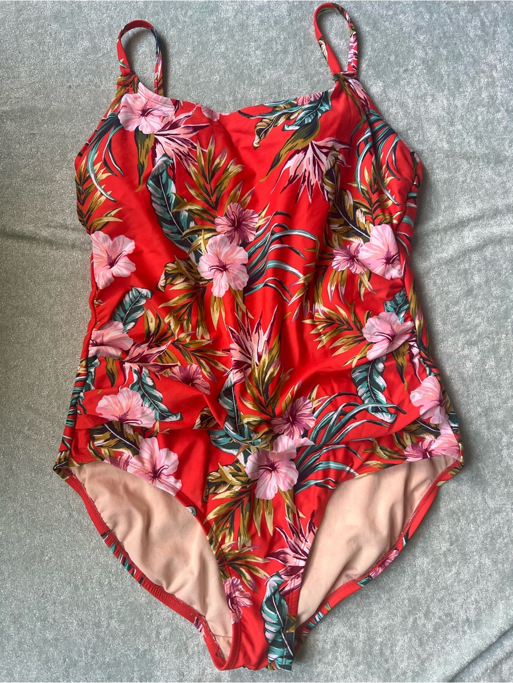 Kona Sol Shirred Front One-Piece Swimsuit Tropical Floral Orange XL